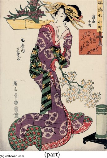 Wikioo.org - The Encyclopedia of Fine Arts - Painting, Artwork by Chōbunsai Eishi - A Beauty With A Sprig Of Cherry Blossom
