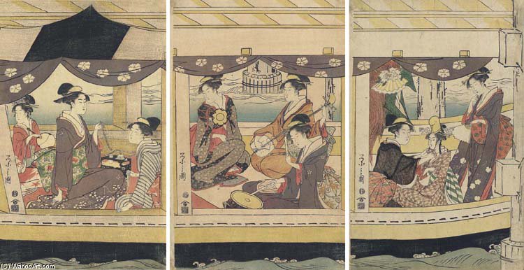WikiOO.org - Enciklopedija dailės - Tapyba, meno kuriniai Chōbunsai Eishi - A Group Of Courtesans And Kamuro In A Large Boat Playing On Drums And On The Shamisen