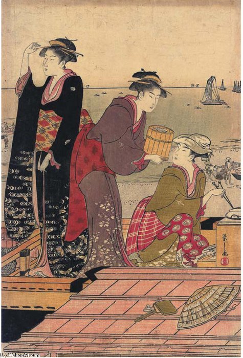 Wikioo.org - The Encyclopedia of Fine Arts - Painting, Artwork by Chōbunsai Eishi - A Sheet From A Polyptych Depicting Young Girls Collecting Clams At The Seaside