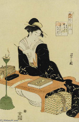 Wikioo.org – La Enciclopedia de las Bellas Artes - Pintura, Obras de arte de Chōbunsai Eishi - retrato de un belleza sentada porlomás un escritorio