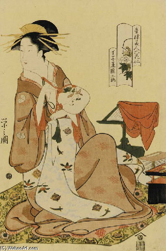 Wikoo.org - موسوعة الفنون الجميلة - اللوحة، العمل الفني Chōbunsai Eishi - Portrait Of The Courtesan Seated By A Bookstand