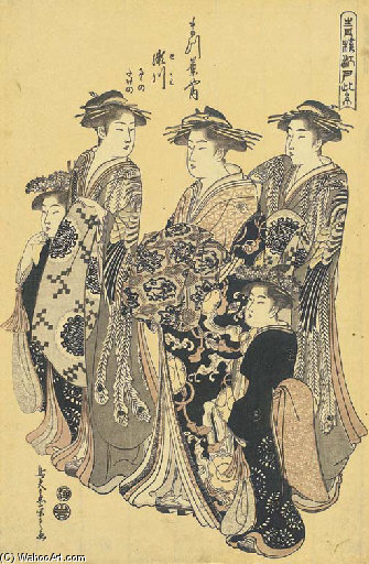 Wikioo.org - The Encyclopedia of Fine Arts - Painting, Artwork by Chōbunsai Eishi - The Courtesan Segawa Of Matsubaya With Two Shinzo And Two Kamuro