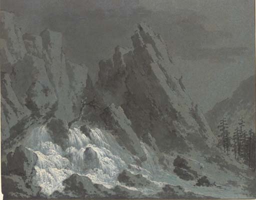 WikiOO.org - Encyclopedia of Fine Arts - Festés, Grafika Claude Louis Chatelet - An Alpine Waterfall