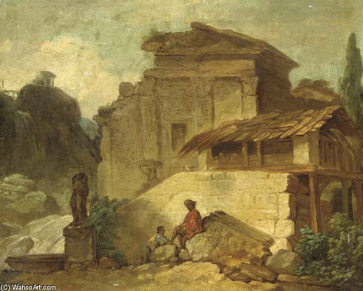 Wikioo.org - The Encyclopedia of Fine Arts - Painting, Artwork by Claude Louis Chatelet - Figures Among Ruins At Tivoli