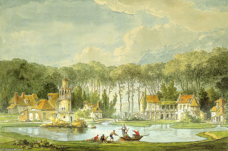 Wikioo.org – La Enciclopedia de las Bellas Artes - Pintura, Obras de arte de Claude Louis Chatelet - vista de el pueblo tomado  ante  el  estanque