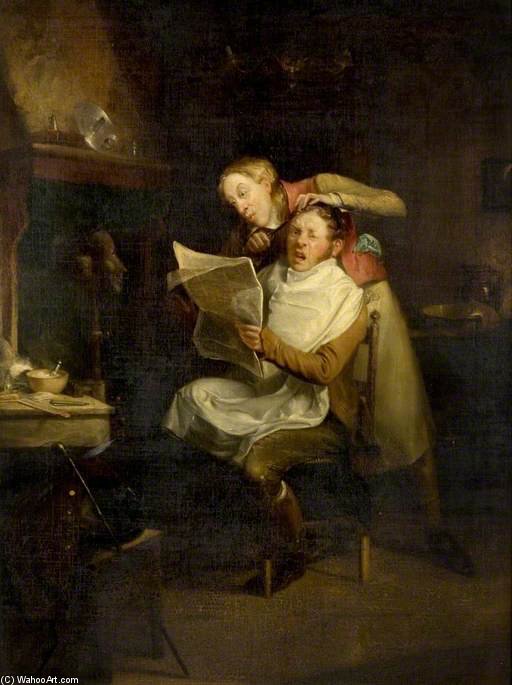 Wikioo.org - The Encyclopedia of Fine Arts - Painting, Artwork by Edward Bird - A Man At A Barber's Shop, Reading A Paper
