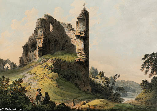 WikiOO.org - Encyclopedia of Fine Arts - Maalaus, taideteos Francis Nicholson - Figures Beneath Knaresborough Castle, Yorkshire