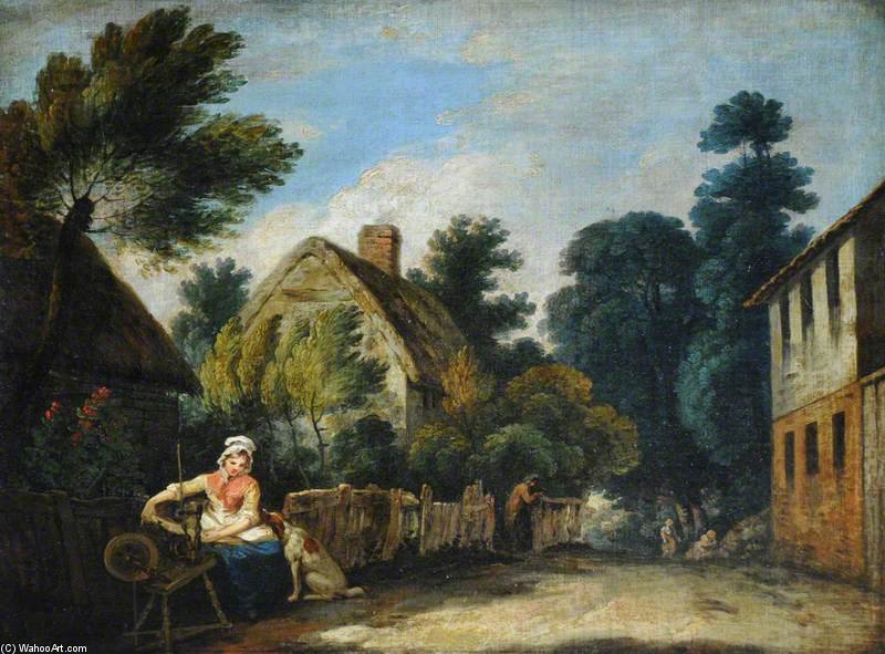 WikiOO.org - Encyclopedia of Fine Arts - Maleri, Artwork Francis Wheatley - A Woman Spinning In A Farmyard Setting