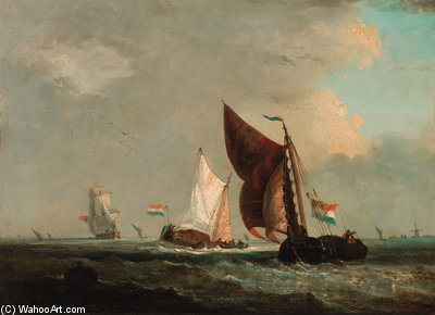 WikiOO.org - 백과 사전 - 회화, 삽화 Francois Louis Thomas Francia - Barges And Other Shipping Off The Dutch Coast