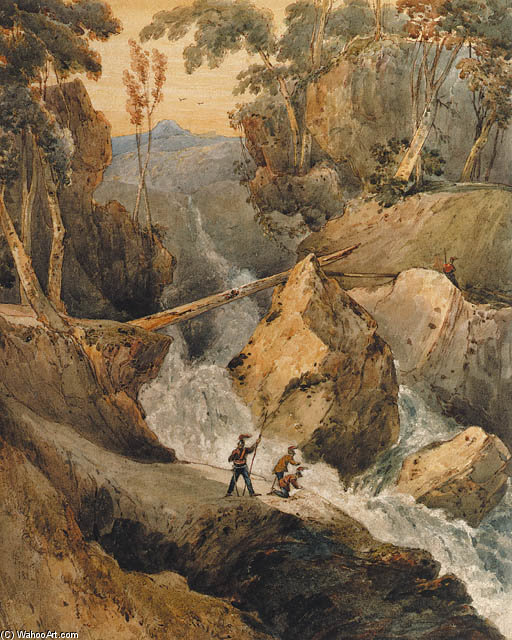 WikiOO.org - Encyclopedia of Fine Arts - Maľba, Artwork Francois Louis Thomas Francia - Soldiers Beneath A Torrent, On A Mountain Pass