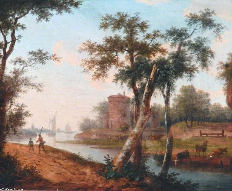 Wikioo.org - The Encyclopedia of Fine Arts - Painting, Artwork by Frans Swagers - Landscape With River, Ships In The Distance