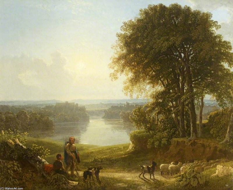 Wikioo.org - The Encyclopedia of Fine Arts - Painting, Artwork by George Barret The Elder - A View Of Richmond With Two Shepherds And Sheep On A Road