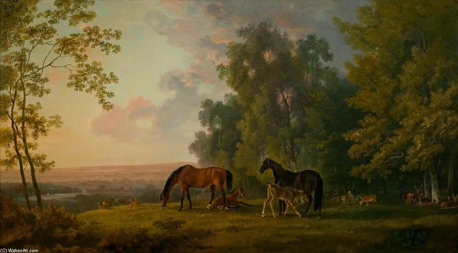Wikioo.org – L'Enciclopedia delle Belle Arti - Pittura, Opere di George Barret The Elder - Paesaggio Con Mares, puledri e Deer