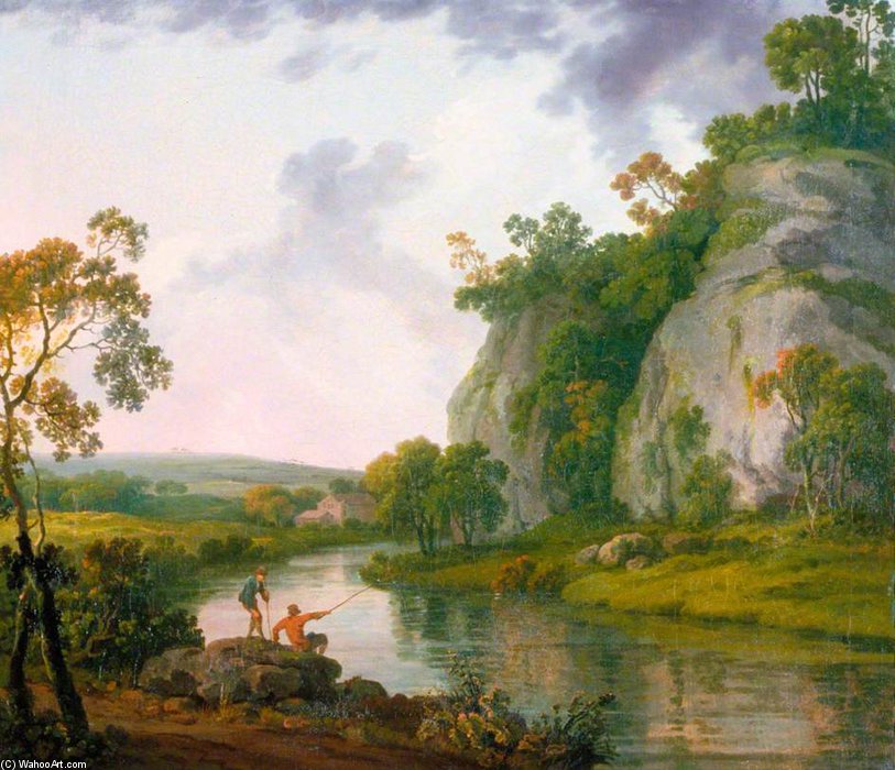 Wikioo.org - The Encyclopedia of Fine Arts - Painting, Artwork by George Barret The Elder - Landscape With Two Boys Fishing, Evening