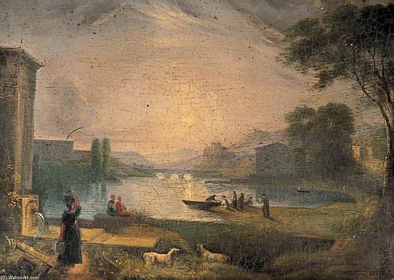 Wikioo.org - The Encyclopedia of Fine Arts - Painting, Artwork by George Barret The Elder - River Scene With Buildings And Bridge