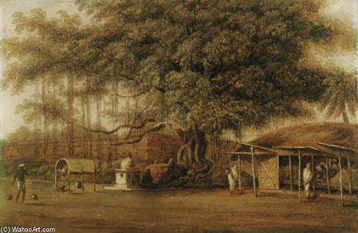 Wikioo.org – La Enciclopedia de las Bellas Artes - Pintura, Obras de arte de George Chinnery - Un árbol de Banyan con un Watercarrier En Primer Plano