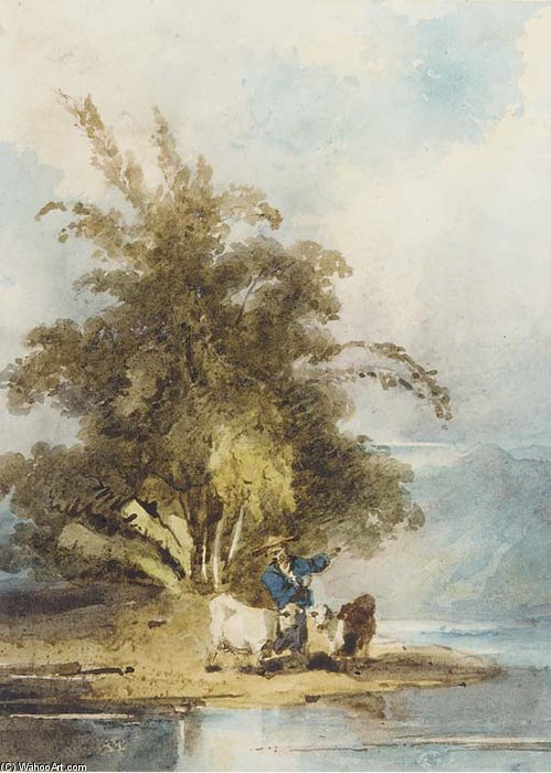 Wikioo.org - The Encyclopedia of Fine Arts - Painting, Artwork by George Chinnery - A Chinaman With Goats On A Riverbank