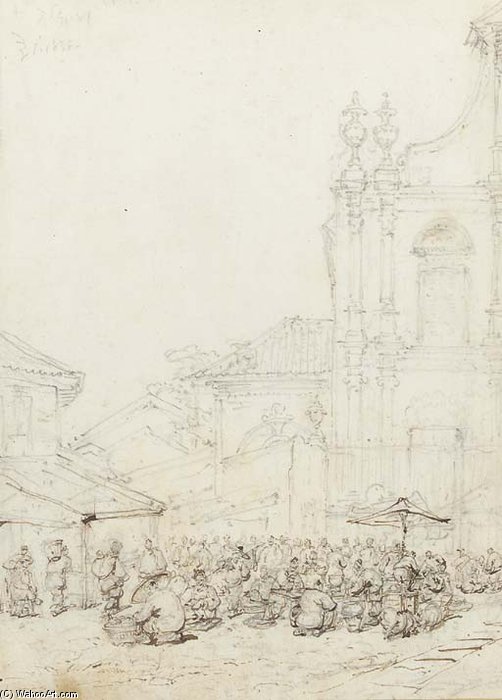 Wikioo.org - The Encyclopedia of Fine Arts - Painting, Artwork by George Chinnery - A Market In Front Of São Domingos Church, Macao