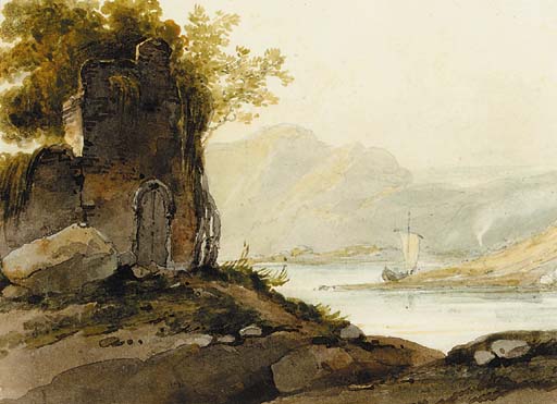 Wikioo.org - The Encyclopedia of Fine Arts - Painting, Artwork by George Chinnery - A Ruin On A Hillside With A View Of A Pulwar On A Lake In The Distance