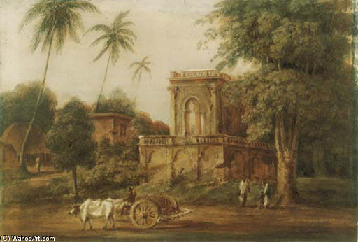 Wikioo.org - The Encyclopedia of Fine Arts - Painting, Artwork by George Chinnery - An Oxen Cart Below A Mausoleum