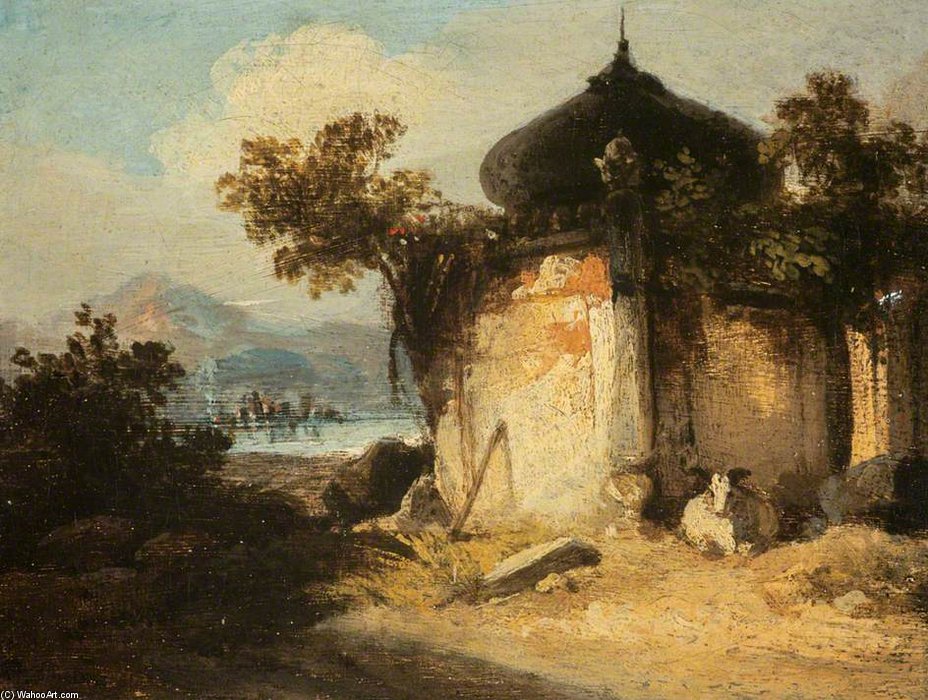 Wikoo.org - موسوعة الفنون الجميلة - اللوحة، العمل الفني George Chinnery - Bengal Landscape With A Hindu Shrine Or Tomb