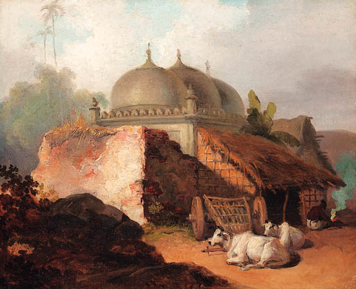 WikiOO.org - 百科事典 - 絵画、アートワーク George Chinnery - モスクでは一休みする牛