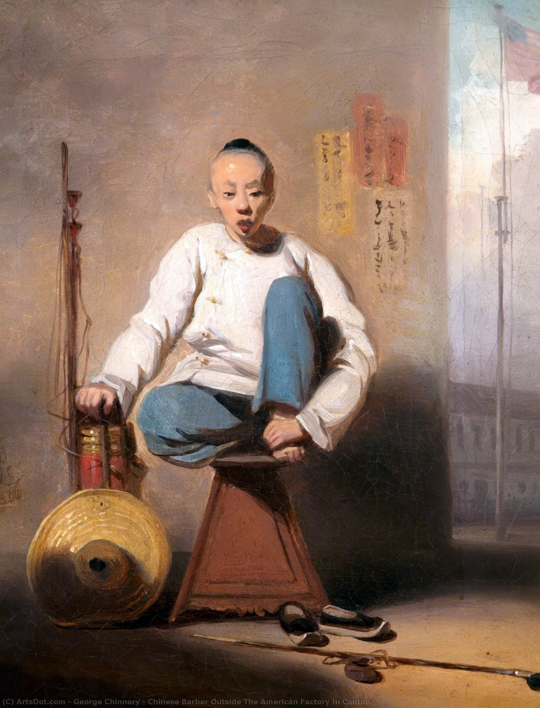 Wikioo.org - The Encyclopedia of Fine Arts - Painting, Artwork by George Chinnery - Chinese Barber Outside The American Factory In Canton