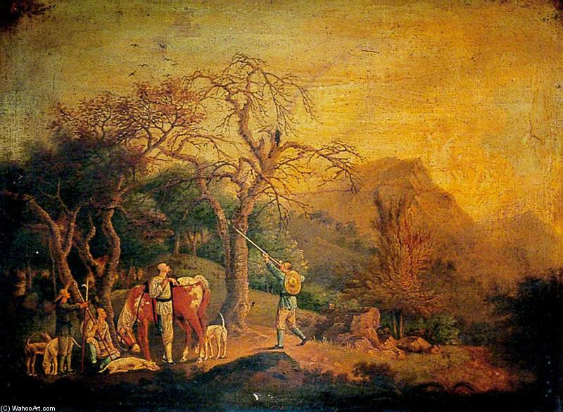 WikiOO.org - Encyclopedia of Fine Arts - Schilderen, Artwork George Chinnery - Hunting Piece, Horsemen Attended By Four Hounds