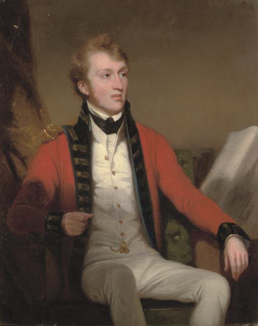 WikiOO.org - Encyclopedia of Fine Arts - Maľba, Artwork George Chinnery - Portrait Of An Officer Of The East India Company, Small Three-quarter-length, In Uniform, Seated