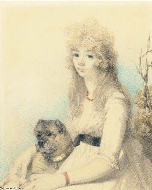 Wikioo.org - The Encyclopedia of Fine Arts - Painting, Artwork by George Chinnery - Portrait Of Lady Elizabeth Stanley With Her Dog, Half-length, Seated