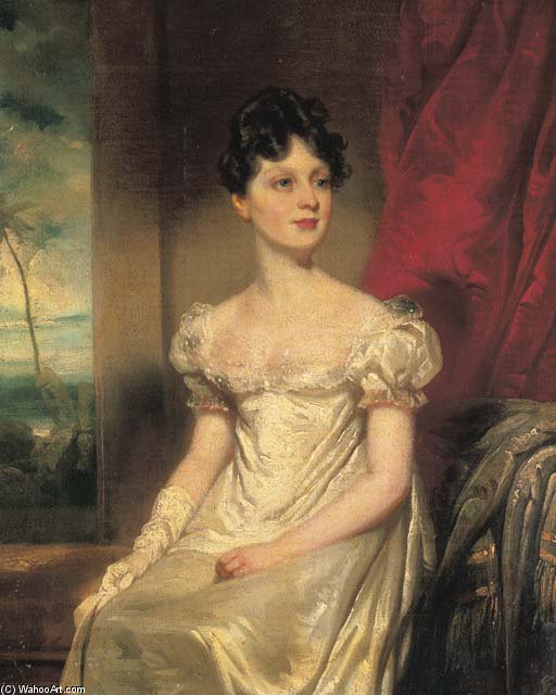 Wikioo.org - The Encyclopedia of Fine Arts - Painting, Artwork by George Chinnery - Portrait Of Lady Jane Bruce, Three-quarter-length, In A White Dress, An Eastern Landscape Beyond