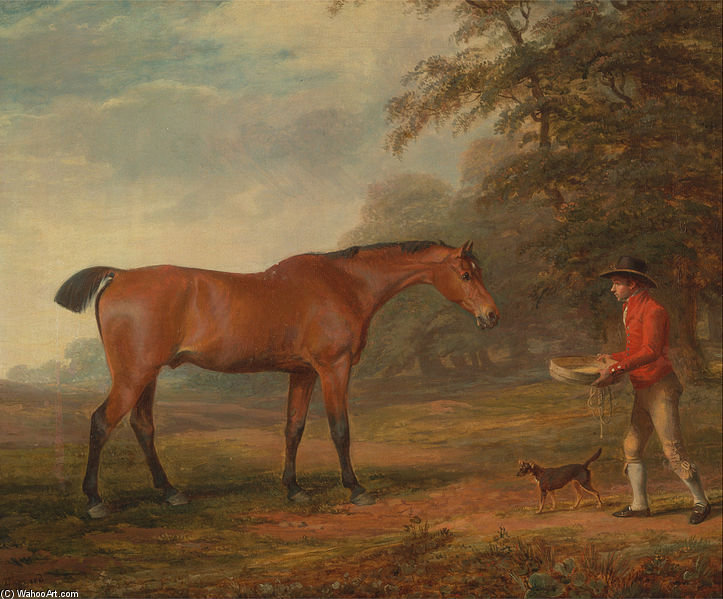 Wikioo.org - The Encyclopedia of Fine Arts - Painting, Artwork by George Garrard - A Bay Horse Approached By A Stable-lad With Food And A Halter