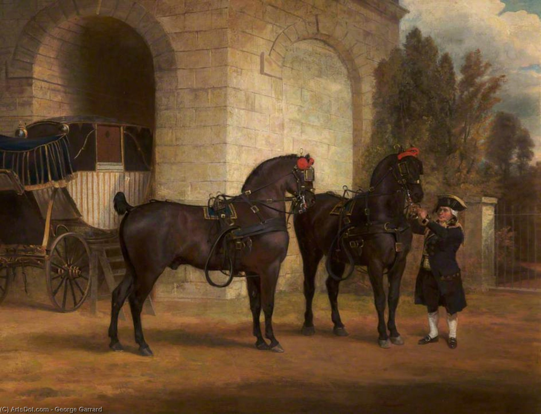 Wikioo.org - The Encyclopedia of Fine Arts - Painting, Artwork by George Garrard - Two Black Coach Horses With A Coachman