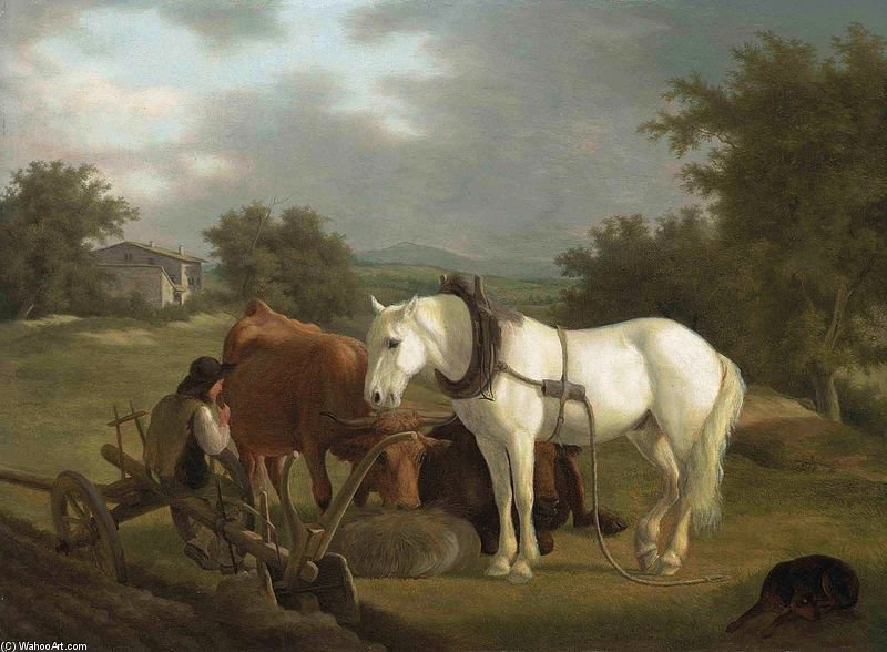 Wikioo.org - The Encyclopedia of Fine Arts - Painting, Artwork by Jacques Laurent Agasse - A Rural Landscape With A Ploughman Resting With His Grey Horse