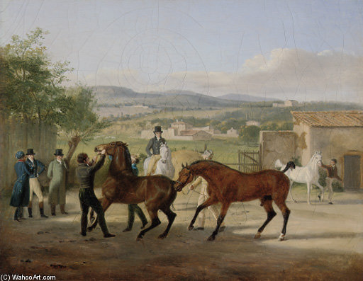 WikiOO.org - Güzel Sanatlar Ansiklopedisi - Resim, Resimler Jacques Laurent Agasse - A Stallion Being Led To A Mare In A Stable Yard, A Landscape With Villas Beyond
