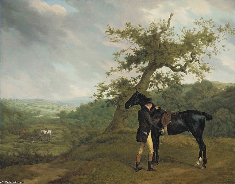 Wikioo.org - The Encyclopedia of Fine Arts - Painting, Artwork by Jacques Laurent Agasse - George Irving With His Black Hunter Beneath A Blasted Oak, Hounds Being Put Into A Covert Beyond