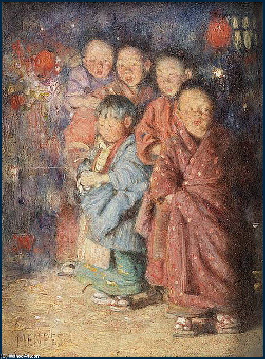 Wikioo.org - The Encyclopedia of Fine Arts - Painting, Artwork by Mortimer Luddington Menpes - Japanese Children By Firelight