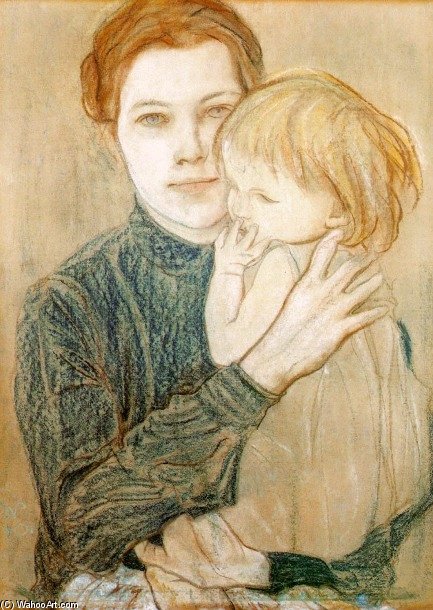 Wikioo.org - The Encyclopedia of Fine Arts - Painting, Artwork by Stanislaw Wyspianski - Portrait Of Salomea Hankiewiczowa And Her Daughter