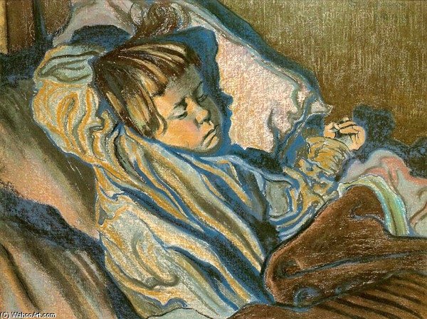 Wikioo.org - Die Enzyklopädie bildender Kunst - Malerei, Kunstwerk von Stanislaw Wyspianski - Sleeping Mietek mit einem Kabel Knot