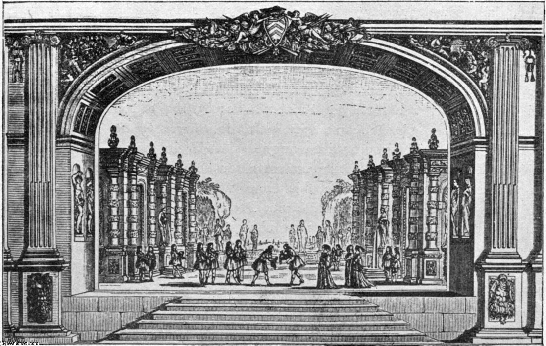 Wikioo.org - The Encyclopedia of Fine Arts - Painting, Artwork by Stefano Della Bella - View Of Proscenium Arch And Stage Decor For The Play Mirame