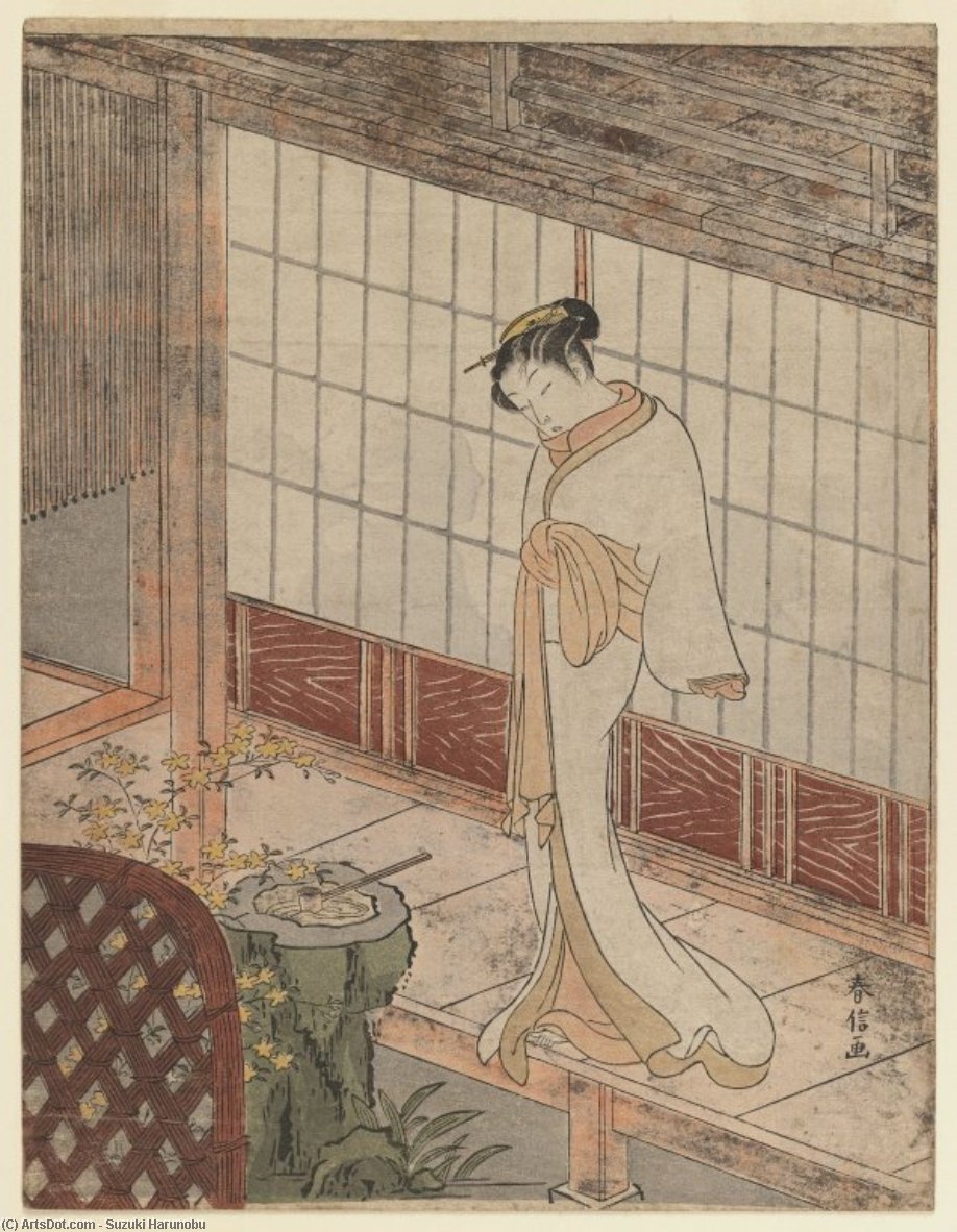 Wikioo.org - The Encyclopedia of Fine Arts - Painting, Artwork by Suzuki Harunobu - Courtesan In Night Attire Standing On A Verandah