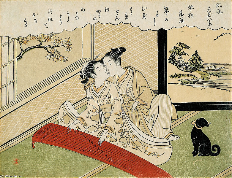 Wikioo.org - The Encyclopedia of Fine Arts - Painting, Artwork by Suzuki Harunobu - Geese Descending On The Koto Bridges