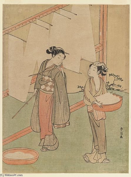 Wikioo.org - The Encyclopedia of Fine Arts - Painting, Artwork by Suzuki Harunobu - Young Girl And Servant Drying Japanese Fine Noodles