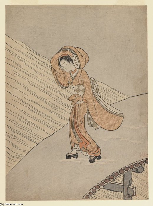 Wikioo.org - The Encyclopedia of Fine Arts - Painting, Artwork by Suzuki Harunobu - Young Girl Crossing A Bridge After Snow Calendar Year Of The Second Year Of Meiwa