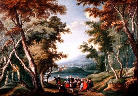 Wikioo.org - The Encyclopedia of Fine Arts - Painting, Artwork by Theobald Michau - Wooded Landscape With Fruit Sellers And Other Figures