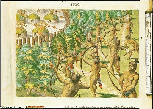Wikioo.org - The Encyclopedia of Fine Arts - Painting, Artwork by Theodore De Bry - Attack On An Indian Village With Flaming Arrows