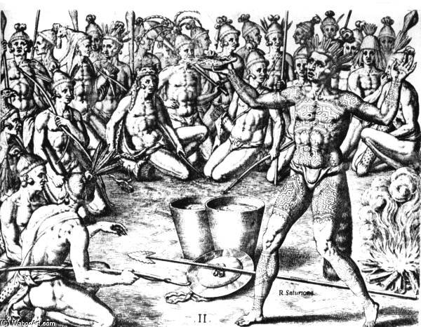 WikiOO.org - Енциклопедия за изящни изкуства - Живопис, Произведения на изкуството Theodore De Bry - Chief Saturiba Goes To War