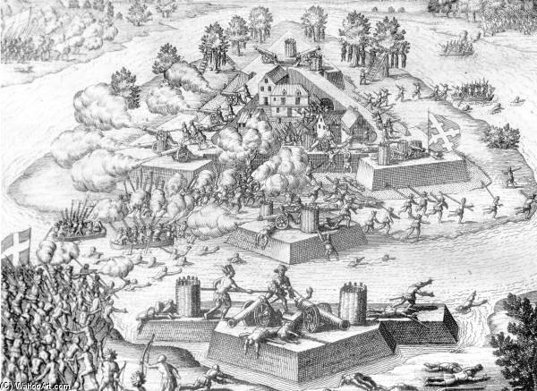 Wikioo.org - The Encyclopedia of Fine Arts - Painting, Artwork by Theodore De Bry - Engraving Of The Massacre At Fort Caroline