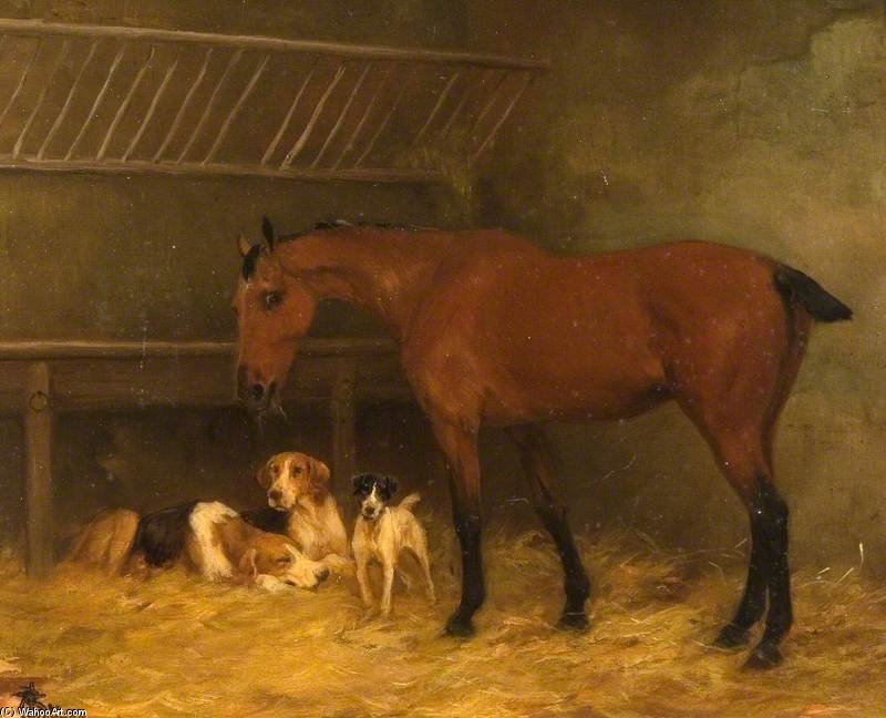 WikiOO.org - 백과 사전 - 회화, 삽화 Thomas Blinks - Little Bay Mare With Docked Tail Eating Hay With Three Dogs At Her Feet