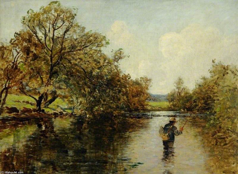 Wikioo.org – La Enciclopedia de las Bellas Artes - Pintura, Obras de arte de Thomas Edwin Mostyn - escena del río enestado  Un  pescador
